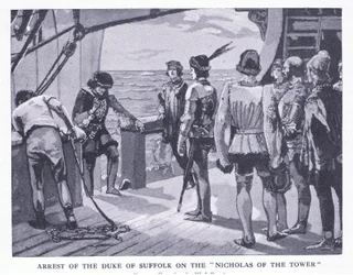 Arresto del Duque de Suffolk en el Nicholas of the Tower, de Cassells History of the British People publicado por la Waverley Book Company Limited, c.1940